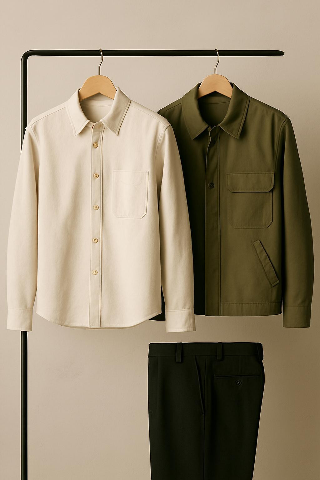 A portrait-oriented photo featuring only men's clothing, such as shirts, jackets, or trousers—no shoes or accessories visible. Modern, clean style.