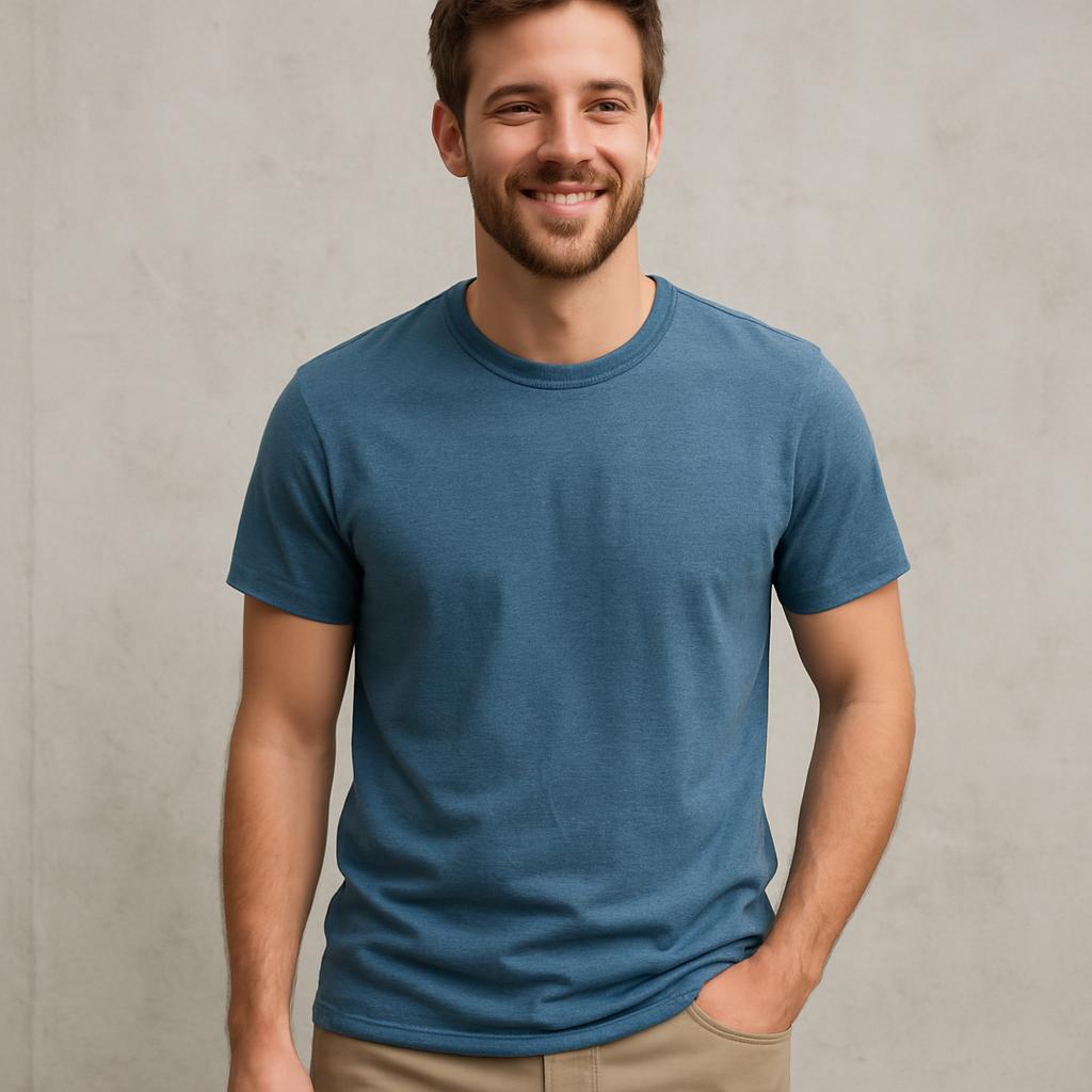 The man in the photo is smiling and has both of his hands in his pockets. The shirt he is wearing is blue and the backgrou...