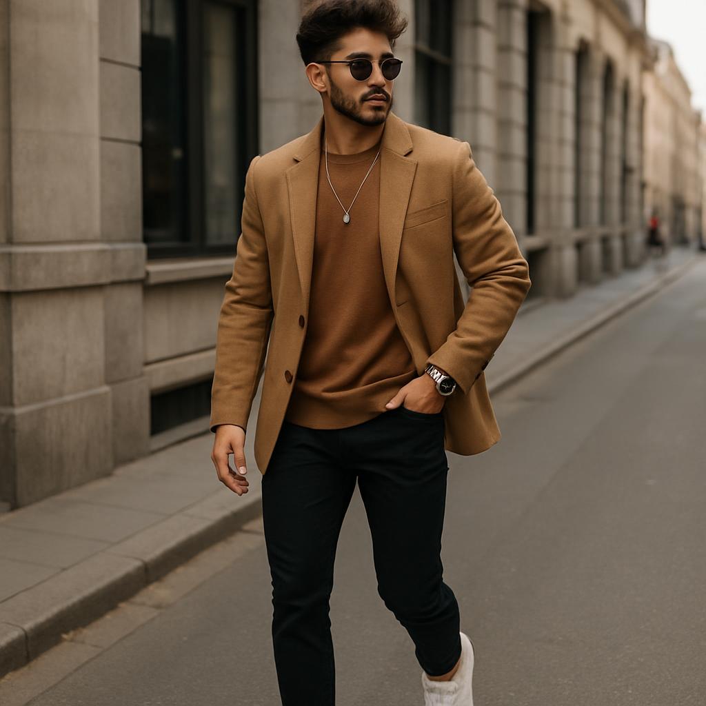 a man in a tan blazer and brownish shirt walking down a city street.