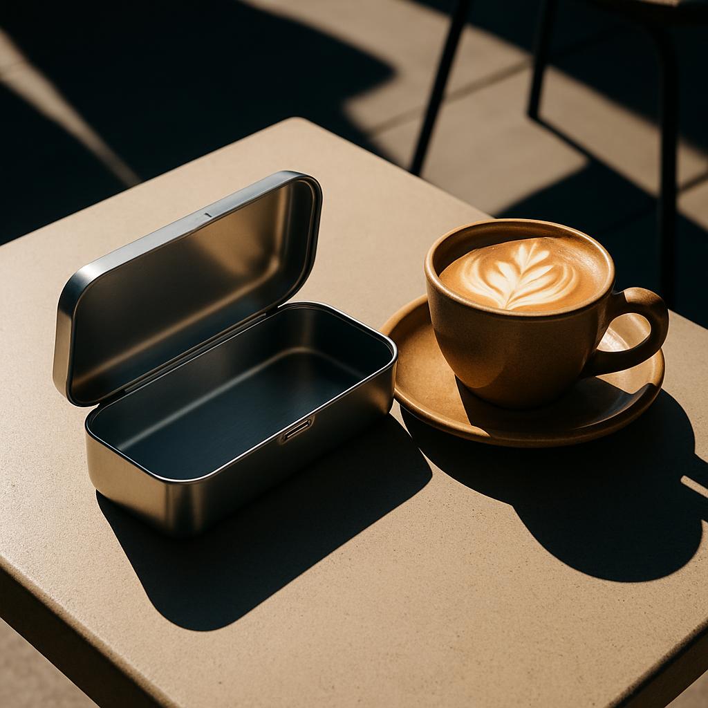 An open metal container on a light table with an open top and a latte or coffee in a ceramic mug and saucer.