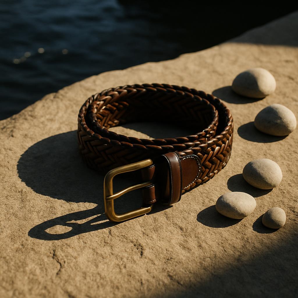 A brown braided leather belt with a gold buckle. A brown braided leather belt featuring a gold buckle lies on a sandy surf...