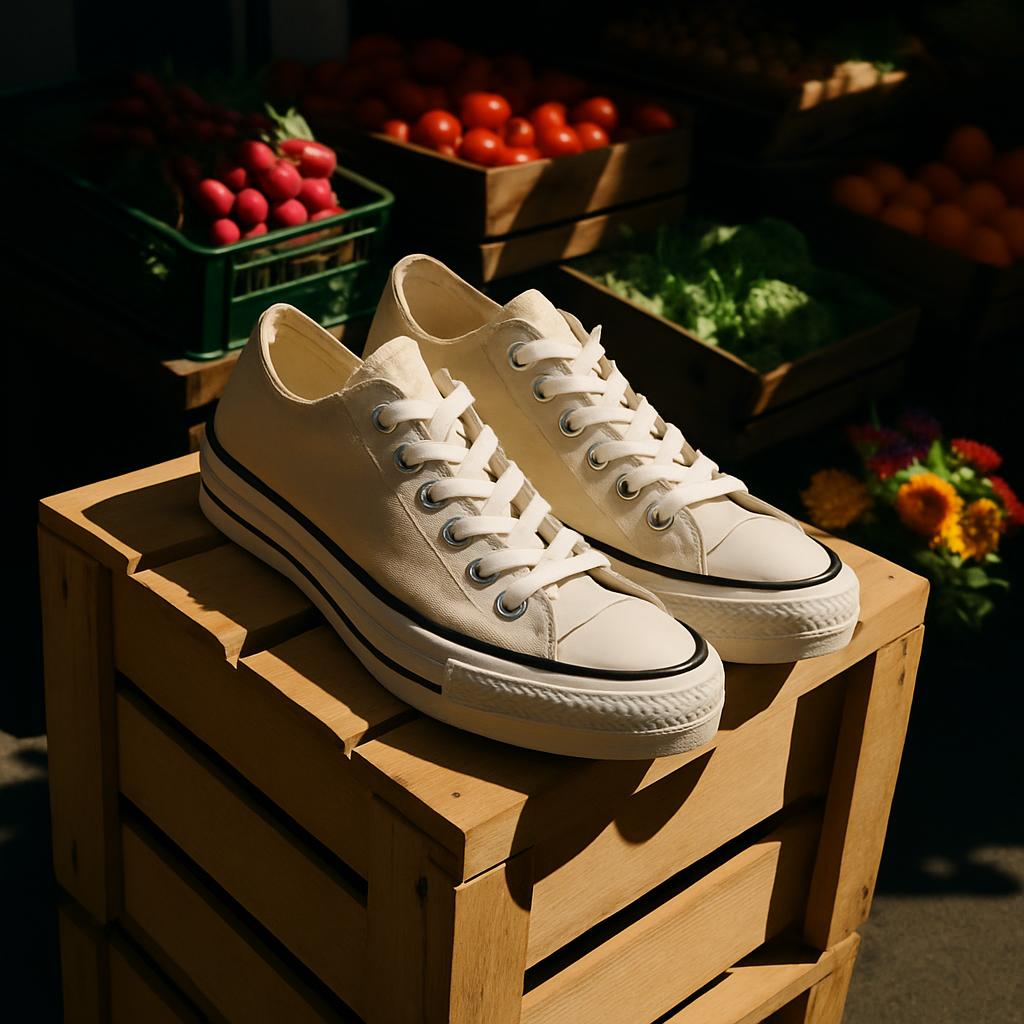 The image shows a pair of white canvas sneakers on top of a wooden crate with produce in the background. The shoes are pos...