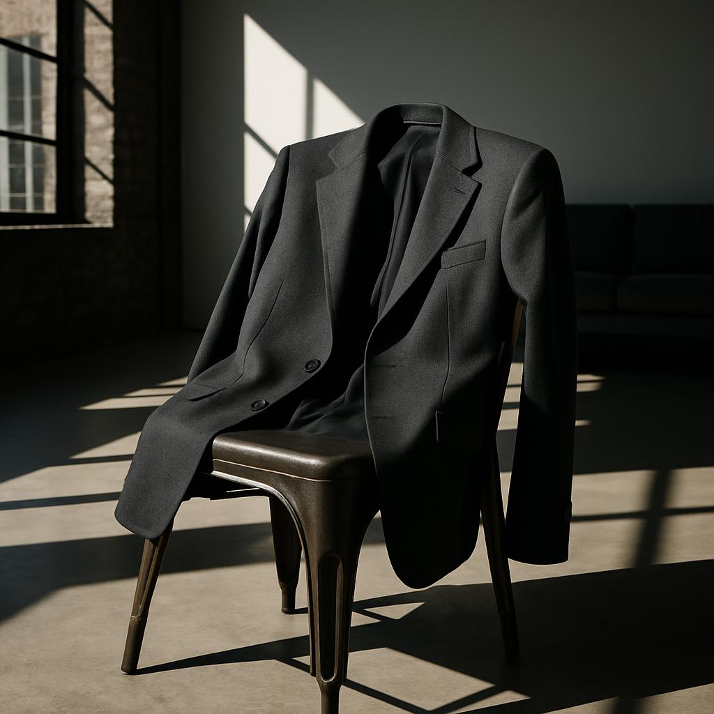 A black men's suit jacket is suspended from the back of an overturned metal chair. The ensemble is centered, paired with a...